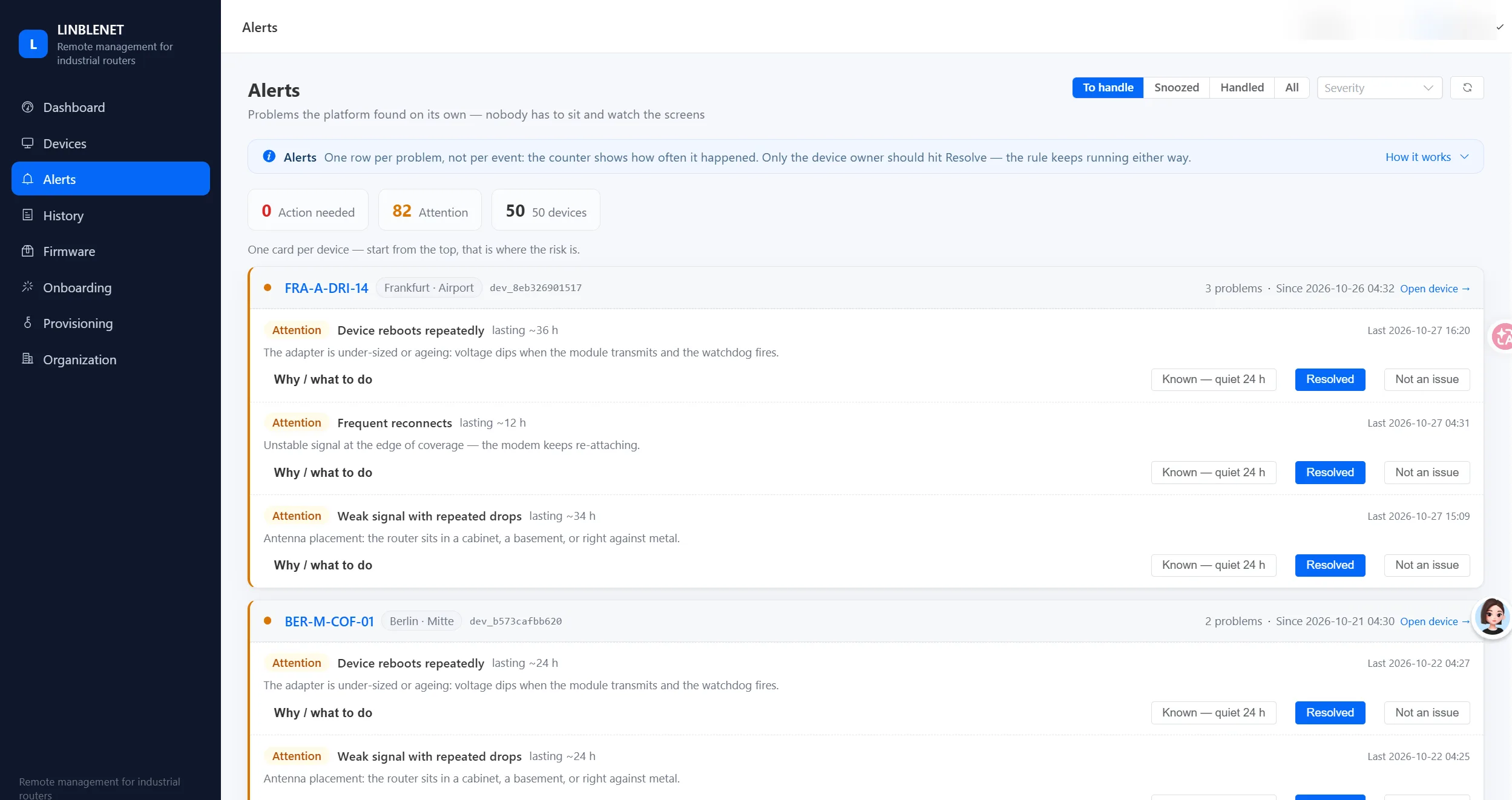 Alert list in LINBLENET Cloud: one card per device, the problem and how many times it happened, with a plain-English cause such as an under-sized power adapter.