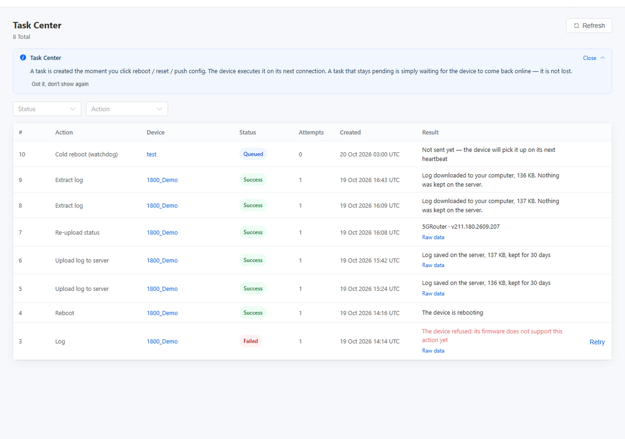 Task centre listing remote actions with queued and success statuses, attempt counts, timestamps and the device result text for each.