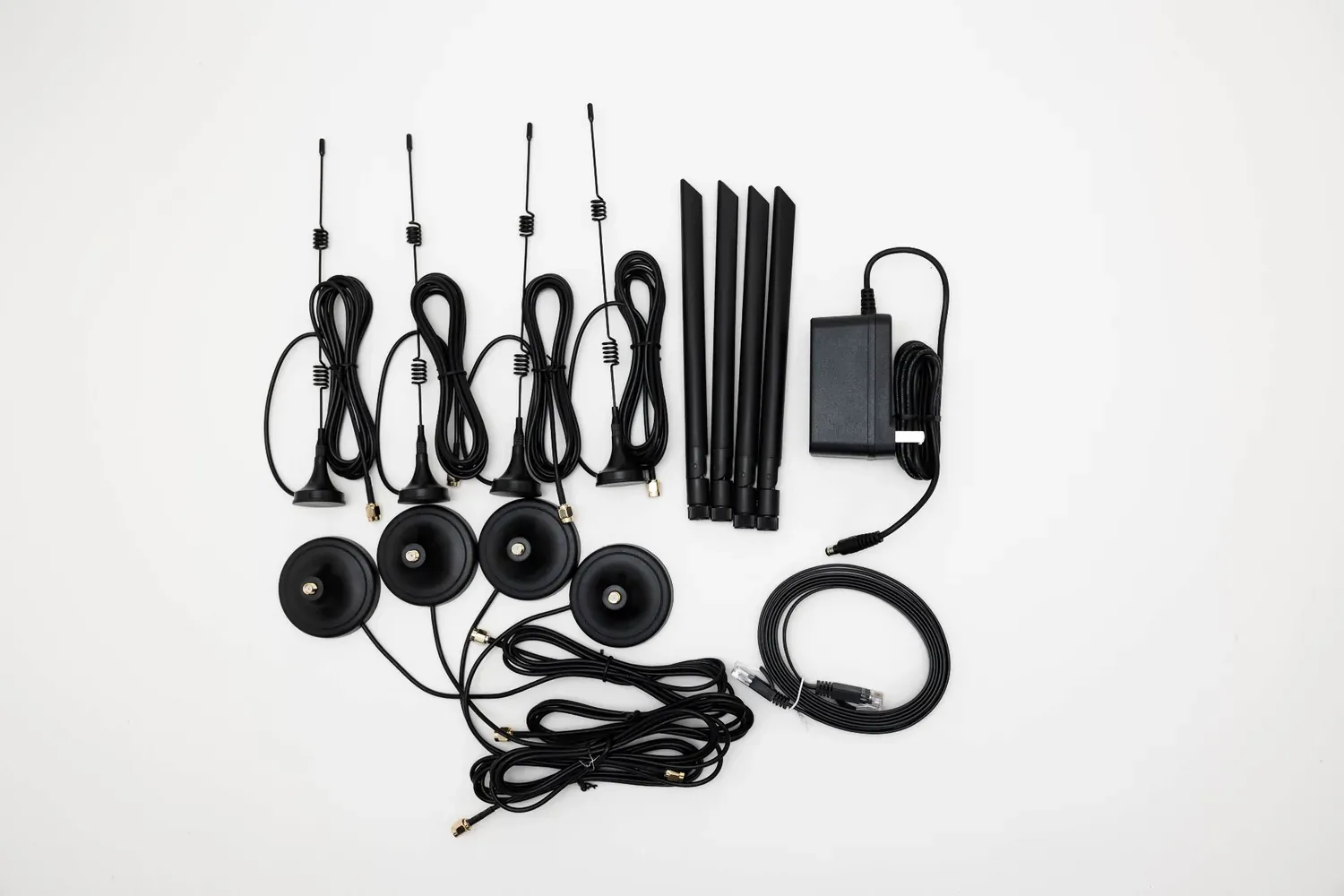 T300-PRO1 in the box: suction and rubber-duck antennas, power adapter, ethernet cable